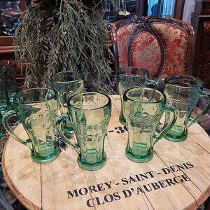 Set of 6 Vintage Libbey Green Glass Coca-Cola Coke Mug with Handle 14oz